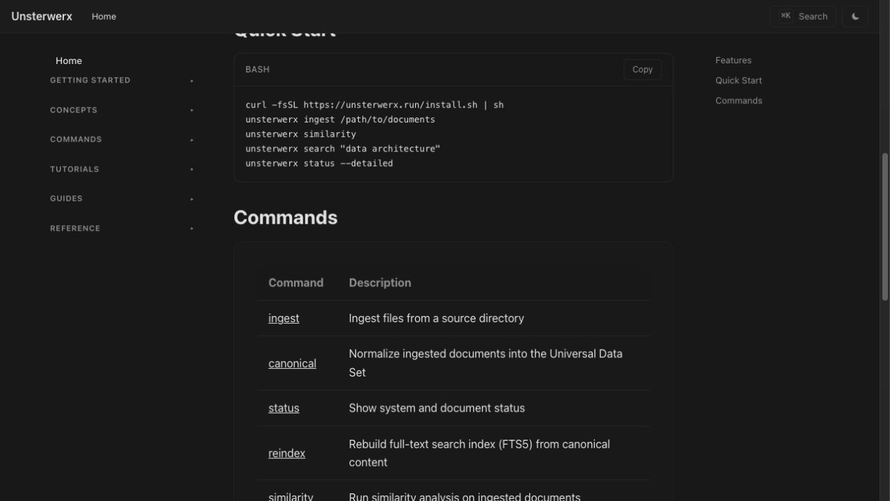 Unsterwerx command reference and getting-started documentation